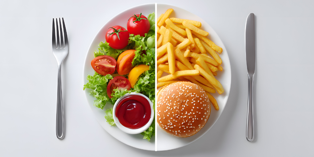 picture of unhealthy meal compared tohealthy meal